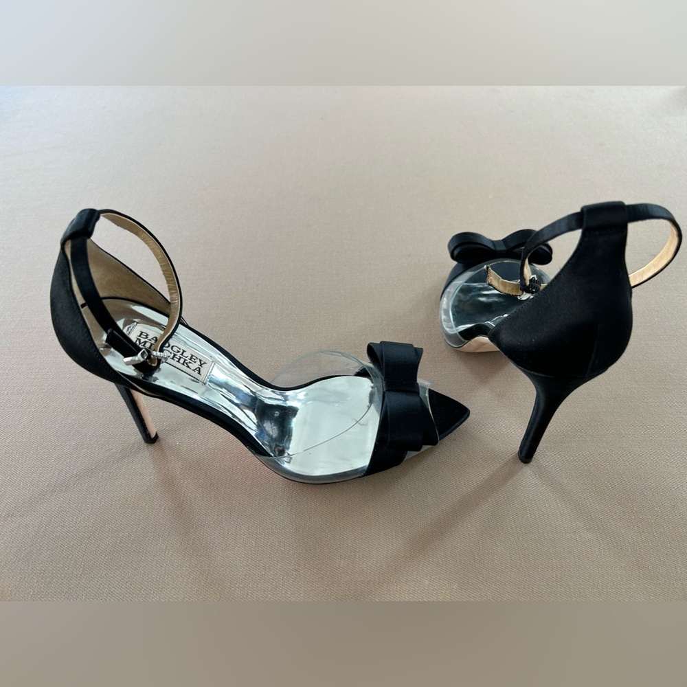 Black satin and clear open toe heels